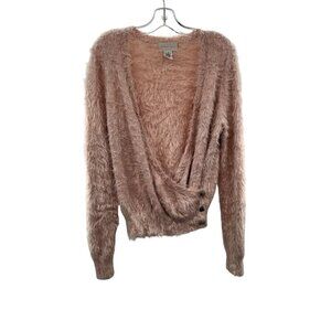 Corey Lynn Calter Faux Fur Surplice Sweater Pink Size Small Long Sleeve V-Neck